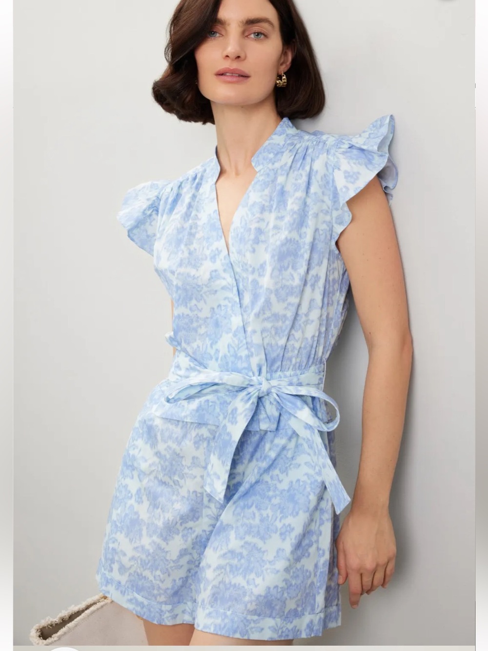 Derek Lam Blue and White Floral Wrap Romper